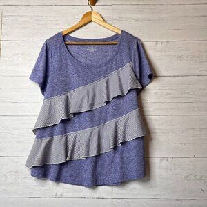 Lane Bryant Top Womens Size 14/16 Blue & White Linen Mixed Media Ruffle Tiered